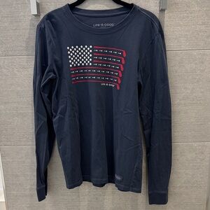 Life Is Good Dark Blue Shirt with Golf themed Flag Graphic